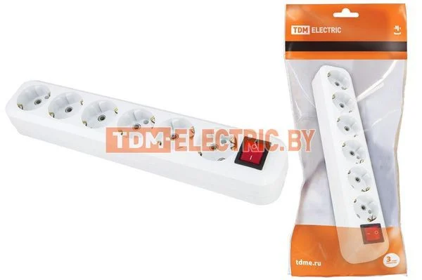 Колодка розеточная 6 гнезд 2П+З с выключателем16А 250В белая TDM SQ1806-0040