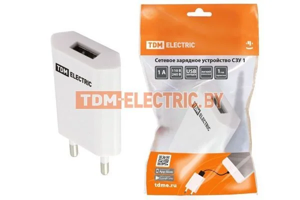 Сетевое зарядное устройство, СЗУ 1, 1 А, 1 USB, белый, TDM SQ1810-0001.