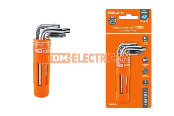 Набор ключей «TORX» с отверстием 7 шт: T9-T30 (круглый держатель в блистере), CR-V сталь «Алмаз» TDM SQ1021-0101