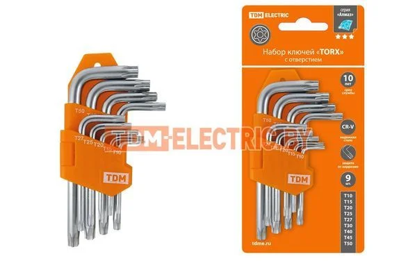 Набор ключей «TORX» с отверстием 9 шт: Т10-Т50 (держатель в блистере), CR-V сталь «Алмаз» TDM SQ1021-0102