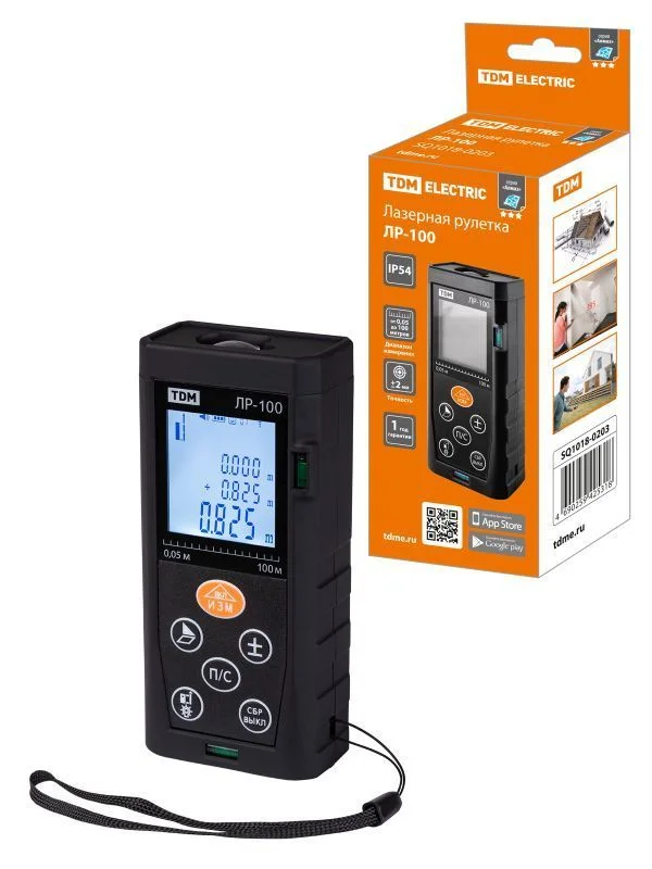 Лазерная рулетка ЛР-100, дальность 100 м, точность 2 мм, подсветка, IP54, 2хAAA, “Алмаз” TDM SQ1018-0203.