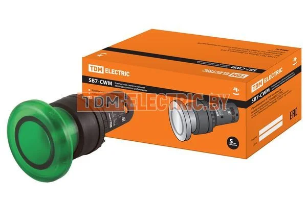 Кнопка грибовидная SB7-CWM31-220V(LED) d35мм 1з зеленая TDM SQ0746-0049