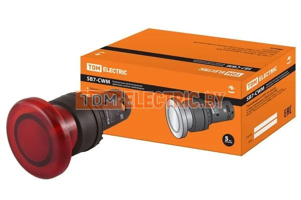 Кнопка грибовидная SB7-CWM42-220V(LED) d35мм 1р красная TDM SQ0746-0051