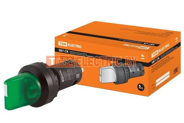 Переключатель на 2 положения с фиксацией SB7-CK2361-220V короткая ручка(LED) d22мм 1з зеленый TDM SQ0746-0053