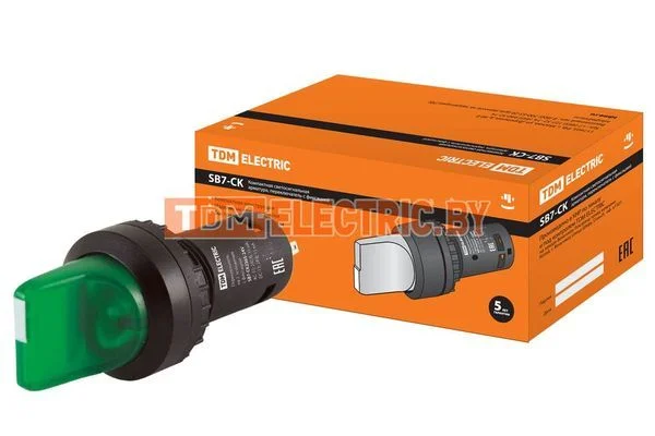 Переключатель на 2 положения с фиксацией SB7-CK2365-24V короткая ручка(LED) d22мм 1з+1р зеленый TDM SQ0746-0060