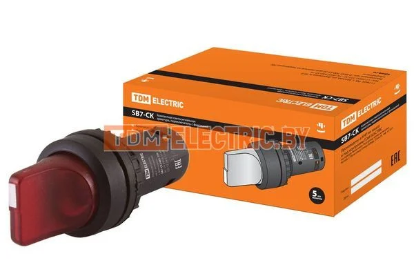 Переключатель на 2 положения с фиксацией SB7-CK2465-24V короткая ручка(LED) d22мм 1з+1р красный TDM SQ0746-0062