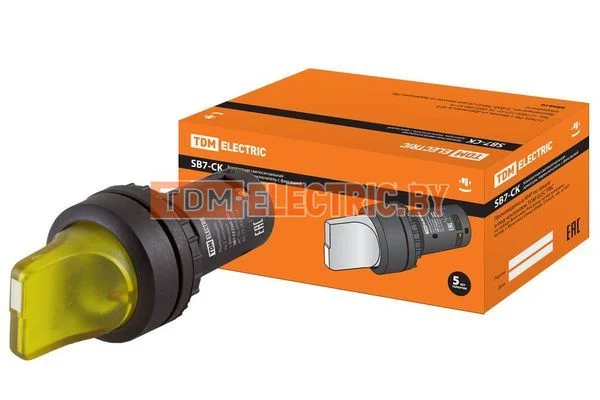 Переключатель на 2 положения с фиксацией SB7-CK2565-24V короткая ручка(LED) d22мм 1з+1р желтый TDM SQ0746-0064