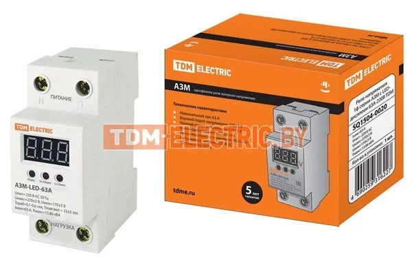 Реле напряжения 1ф серии АЗМ с LED-дисплеем 63А-220В TDM SQ1504-0020