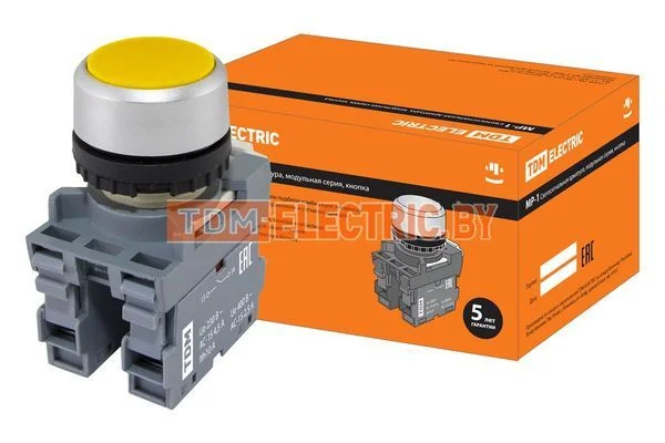 Кнопка MP1-20Y в сборе d22мм 1з+1р желтая TDM SQ0747-0003