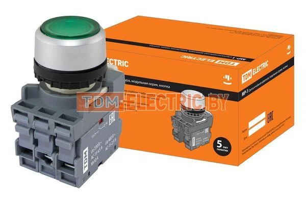Кнопка MP1-21G(LED) в сборе d22мм/220В 1з+1р зеленая TDM SQ0747-0014