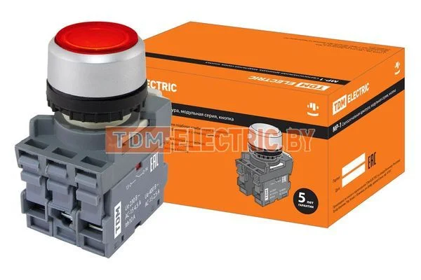Кнопка MP1-21R(LED) в сборе d22мм/24В 1з+1р красная TDM SQ0747-0017