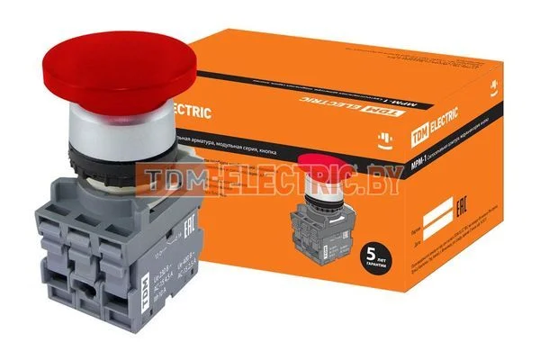 Кнопка грибовидная МРМ1-10R в сборе d40мм 1з+1р красная TDM SQ0747-0029
