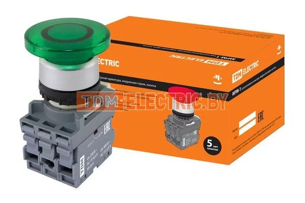 Кнопка грибовидная МРМ1-11G(LED) в сборе d40мм/24B 1з+1р зеленая TDM SQ0747-0032