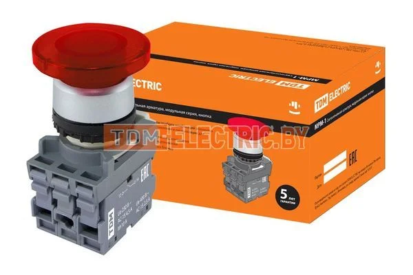 Кнопка грибовидная МРМ1-11R(LED) в сборе d40мм/24B 1з+1р красная TDM SQ0747-0034