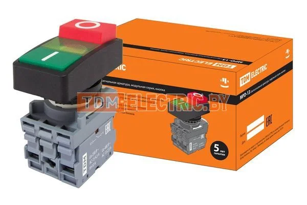 Кнопка двойная MPD13-11G (зеленая/красная-выступающая) (LED) d22мм/220В (I/O) линза зеленая TDM SQ0747-0036