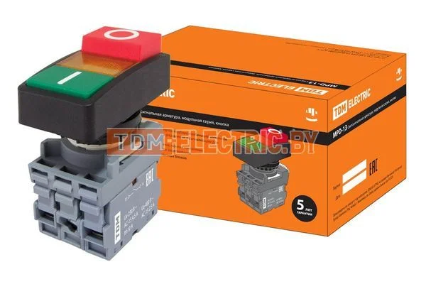Кнопка двойная MPD13-11Y (зеленая/красная-выступающая) (LED) d22мм/220В (I/O) линза желтая TDM SQ0747-0037