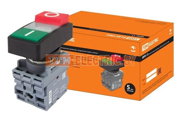 Кнопка двойная MPD13-11С (зеленая/красная-выступающая) (LED) d22мм/220В (I/O) линза прозрачная TDM SQ0747-0038