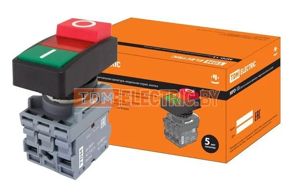 Кнопка двойная MPD13-11R (зеленая/красная-выступающая) (LED) d22мм/24В (I/O) линза красная TDM SQ0747-0039