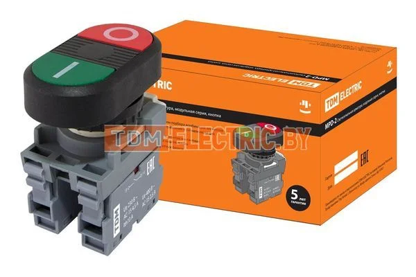 Кнопка двойная MPD2-11В (зеленая/красная) в сборе d22мм (I/O) TDM SQ0747-0043
