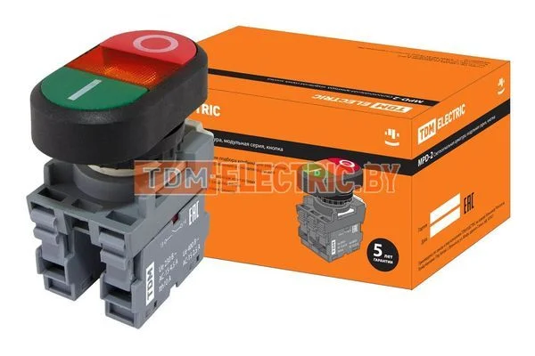 Кнопка двойная MPD2-11R (зеленая/красная) (LED) в сборе d22мм/220В (I/O) линза красная TDM SQ0747-0046