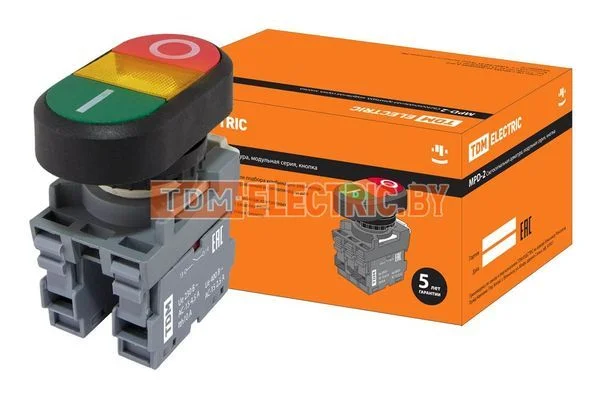 Кнопка двойная MPD2-11Y (зеленая/красная) (LED) в сборе d22мм/24В (I/O) линза желтая TDM SQ0747-0060