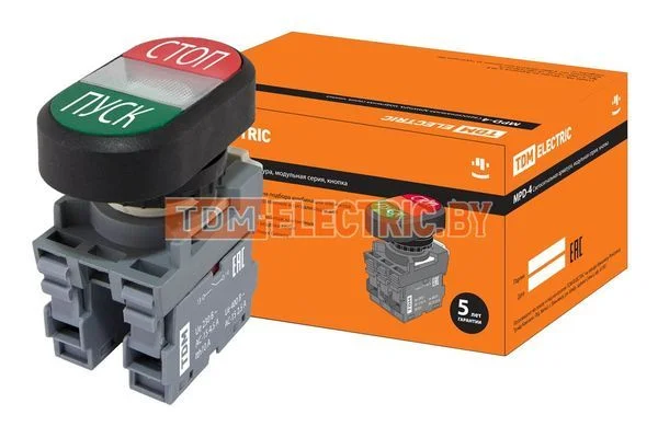 Кнопка двойная MPD4-11С (зеленая/красная)(LED) в сборе d22мм/24В (ПУСК/СТОП) линза прозрачная TDM SQ0747-0069