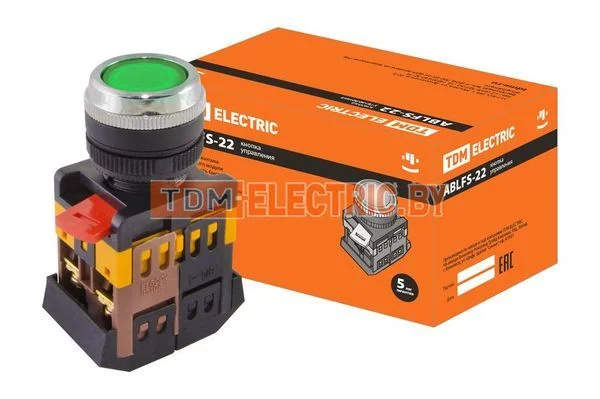 Кнопка ABLFS-22 зеленый d22мм неон/230В 1з+1р TDM SQ0704-0009