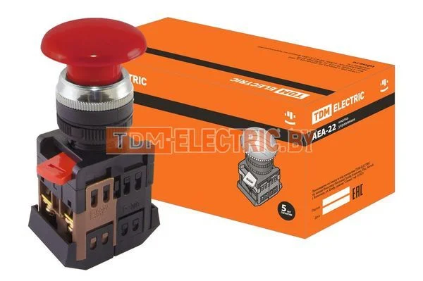Кнопка AEА-22 «Грибок» красный d22мм 1з+1р TDM SQ0704-0015