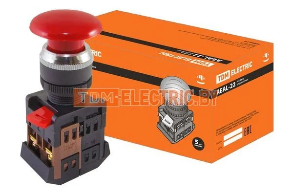 Кнопка AEAL-22 «Грибок»с фиксацией красный d22мм 230В 1з+1р TDM SQ0704-0020