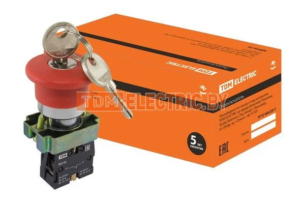 Кнопка BS142 «Грибок»с ключом красный d22мм 230В 1р TDM SQ0704-0023