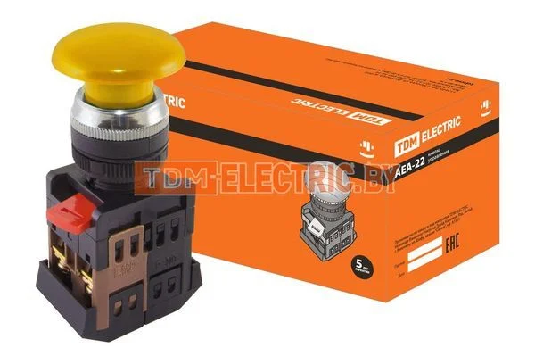 Кнопка AEА-22 «Грибок» желтый d22мм 1з+1р TDM SQ0704-0036