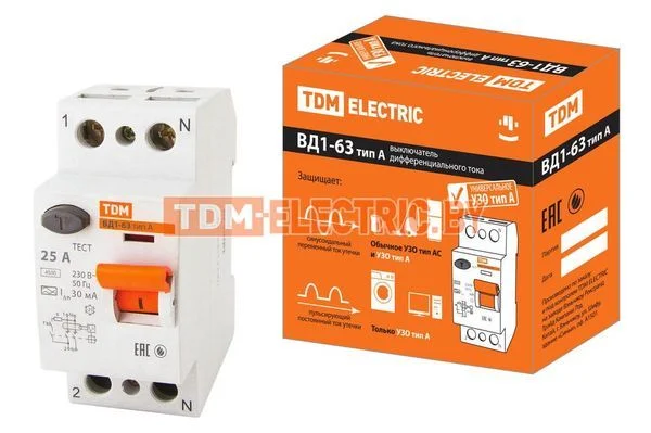 Устройство защитного отключения ВД1-63 2Р 25А 30мА тип А TDM SQ0203-0076