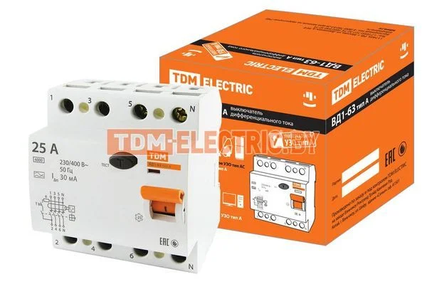Устройство защитного отключения ВД1-63 4Р 25А 30мА тип А TDM SQ0203-0085