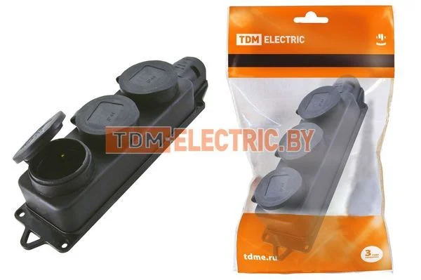 Розетка трехместная с заглушками каучук 2Р+РЕ 16А 250В IP44 TDM SQ0612-0008