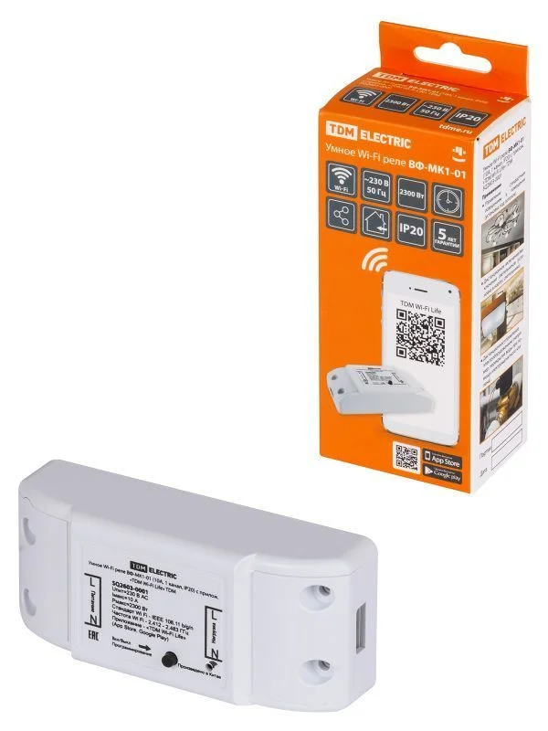 Умное Wi-Fi реле ВФ-МК1-01 (10А, 1 канал, IP20) с прилож. &quot, TDM SQ2603-0001.