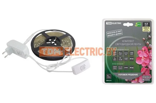 Комплект светодиодной ленты SMD2835-60 LED/м-12 В-4,8 Вт/м-IP20-3000 К (5 м), 24 Вт TDM SQ0331-0220