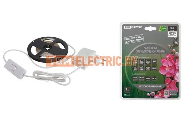 Комплект светодиодной ленты SMD2835-60 LED/м-12 В-4,8 Вт/м-IP20-6000 К (3 м), 18 Вт TDM SQ0331-0224
