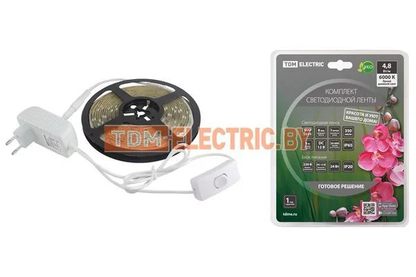 Комплект светодиодной ленты SMD2835-60 LED/м-12 В-4,8 Вт/м-IP65-6000 К (5 м), 24 Вт TDM SQ0331-0232