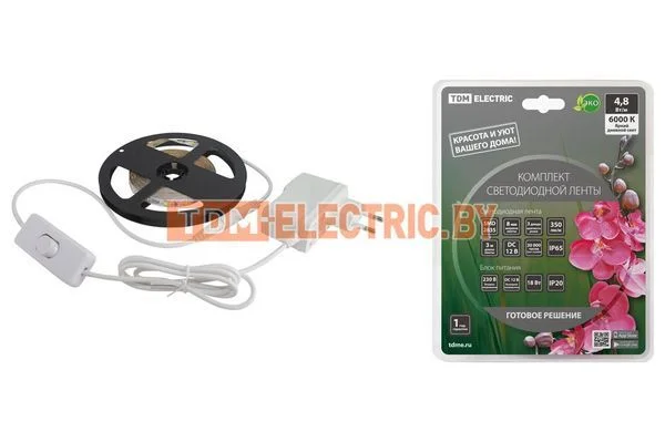 Комплект светодиодной ленты SMD2835-60 LED/м-12 В-4,8 Вт/м-IP65-6000 К (3 м), 18 Вт TDM SQ0331-0233