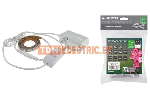 Комплект светодиодной ленты SMD2835-60 LED/м-12 В-4,8 Вт/м-IP65-6000 К (1 м), 6 Вт TDM SQ0331-0234