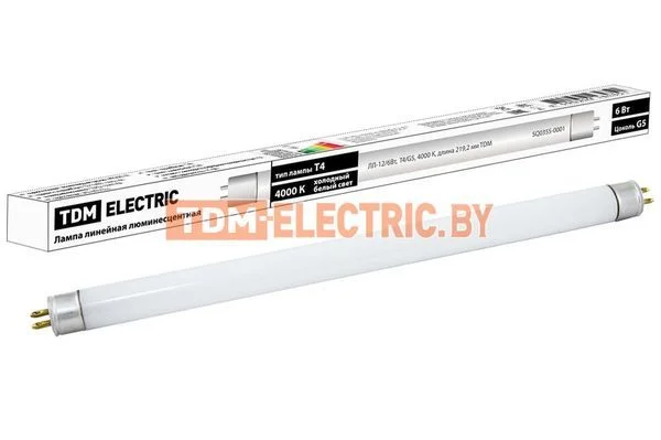 Лампа люминесцентная линейная двухцокольная ЛЛ-12/6Вт, T4/G5, 4000 К, длина 219,2мм TDM SQ0355-0001