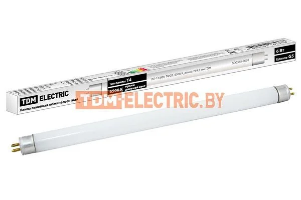 Лампа люминесцентная линейная двухцокольная ЛЛ-12/6Вт, T4/G5, 6500 К, длина 219,2мм TDM SQ0355-0002