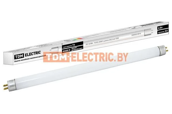Лампа люминесцентная линейная двухцокольная ЛЛ-16/6 Вт, T5/G5, 6500 К, длина 226,3мм TDM SQ0355-0016