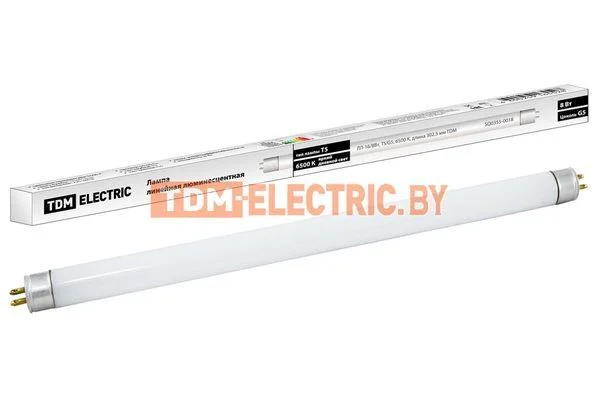 Лампа люминесцентная линейная двухцокольная ЛЛ-16/8 Вт, T5/G5, 6500 К, длина 302,5мм TDM SQ0355-0018