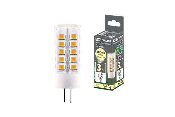 Лампа светодиодная G4-3 Вт-AC/DC 12 В-3000 К, SMD, 16×43 мм TDM SQ0340-0093.
