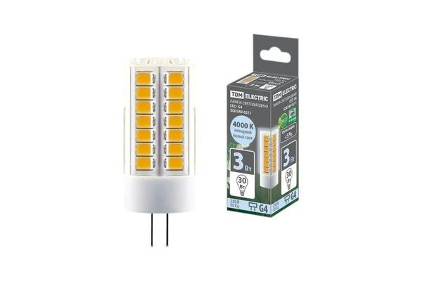 Лампа светодиодная G4-3 Вт-230 В-4000 К, SMD, 16×43 мм TDM SQ0340-0211.