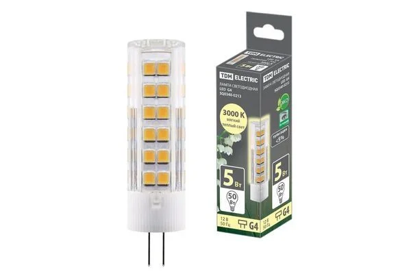 Лампа светодиодная G4-5 Вт-AC/DC 12 В-3000 К, SMD, 16×57 мм TDM SQ0340-0213.