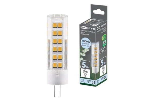 Лампа светодиодная G4-5 Вт-AC/DC 12 В-4000 К, SMD, 16×57 мм TDM SQ0340-0214.