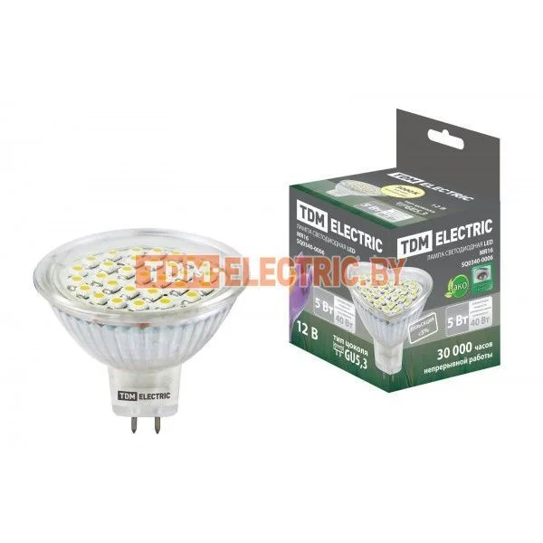 Лампа светодиодная MR16-5 Вт-12 В -3000 К–GU 5,3 SMD TDM. SQ0340-0006