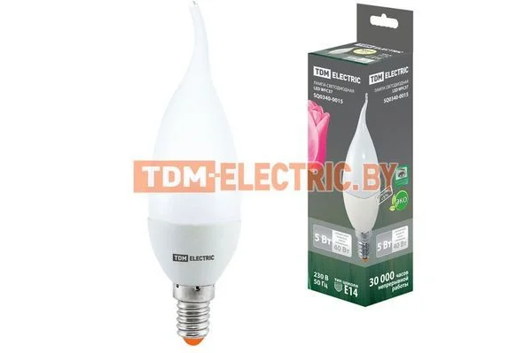 Лампа светодиодная WFC37-5 Вт-220 В -3000 К–E14 (свеча на ветру) TDM SQ0340-0015
